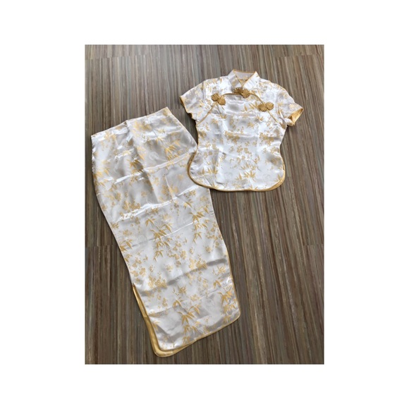 Satin Brocade Gold Bamboo Pattern 2pc Cheongsam QiPao Blouse & Skirt Set - Picture 3 of 5